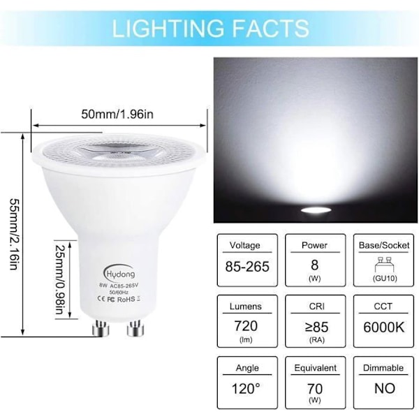 ®RisingFF GU10 LED-lamppu, viileä valkoinen, 7 W vastaa 70 W halogeenilamppua, 720 LM, LED-kohdelamput, ei himmennettävä, 20 kpl pakkaus