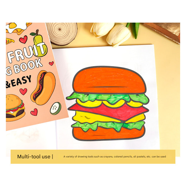 En farvebog til voksne og teenagere med super søde billeder og simple og afslappende mønstre, velegnet til en afslappende bog food