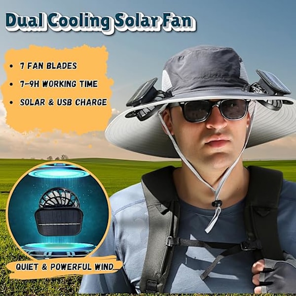 Udendørs Bredskygget Solhat med 2 Solcelleventilatorer Sol Bucket Hat til Mænd Kvinder UPF 50+ Bucket Fiske- & Strandhat med Indbygget Ventilator Z-light Grey