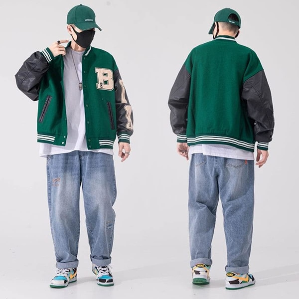 Varsity College -takki Baseball-takki Vintage-ulkovaatteet taskuilla Unisex-takki Patchwork-päällinen XL Green