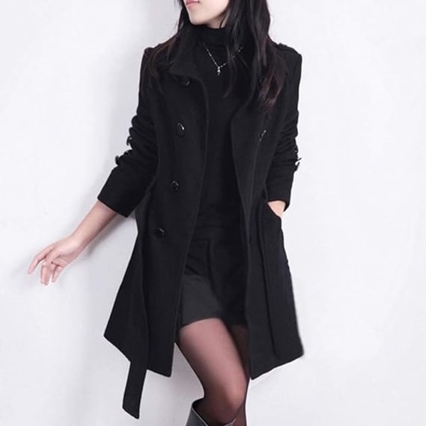 Sort plus-size-snørefrakke til kvinder mellemlang trenchcoat /XL black XL