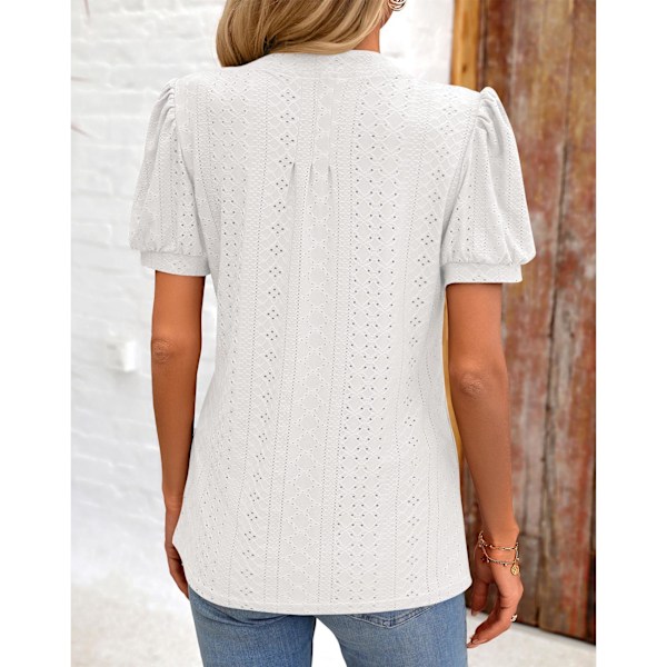 Dam V-ringad Topp Korta Puffärmar Lös Passform Jacquard Casual T-shirt för Sommarbruk Vit S