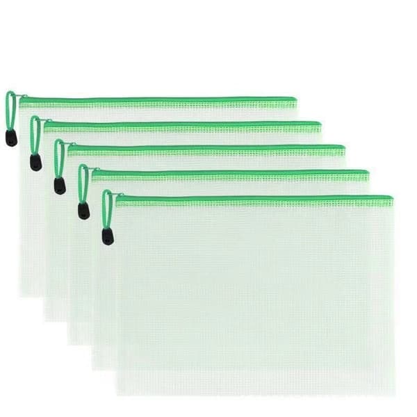 5 hvite A4 plastmapper med glidelås, PVC M