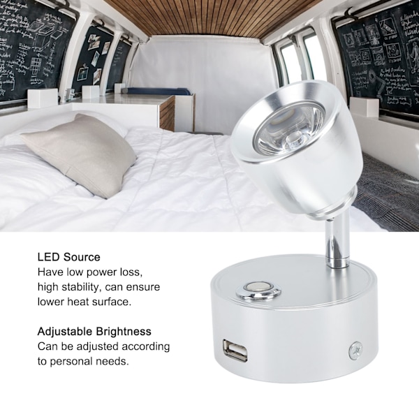 RV Læselampe LED Indendørs Sengelampe Båd Yacht USB Genopladelig Justerbar Berøringslampe T DC12 til 24V Sølv
