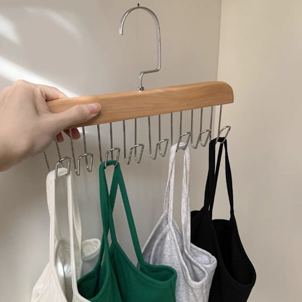 Bälteshängare i trä, halkfri klädhängare med flera krokar och roterbara krokar för hemförvaring av kläder, elegant design för garderob, sovrum,