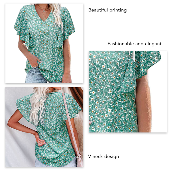 Kvinder V-hals Top Kort Rufflet Ærmer Løstsiddende Sommer Casual T-shirt til Daglig Brug Blå Blomsterprint XL