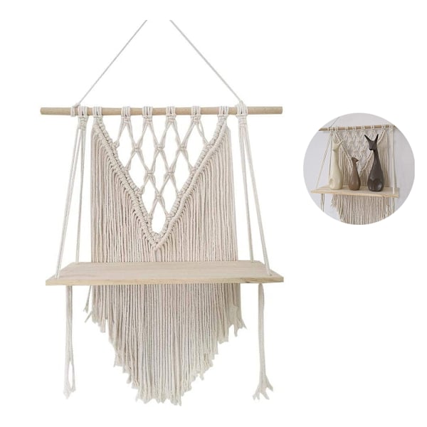 Väggkonst av naturlig bomullsrep, charmig vägghylla i makramé i lantlig stil för boho-hyllor, organizer i matsal, vardagsrum, sovrum, hotell