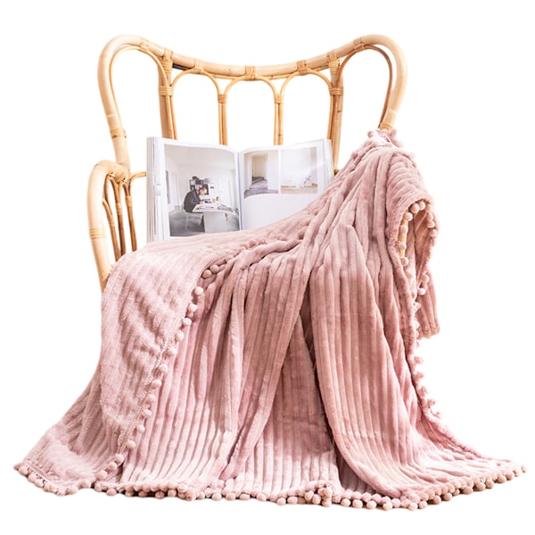 Flanelipuuvillapeitto Pompom-Reunuksella Kevyt Mukava Sänkypeitto Pehmeä Heittopeitto Sopii Sovalle Sovalle Sopii Kaikkiin Vuodenaikoihin (51x63) pink