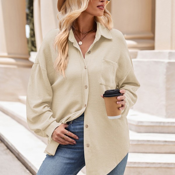 Dam Lång Knäppskjorta Casual Figursydd Långärmad Ficka Fram Lång T-shirt Beige L