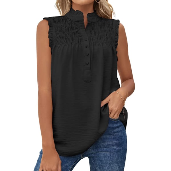 Dam Sommar Linne Casual Ärmlös Polyester Skjortor Maskintvättbar Knapphals Väst Svart M