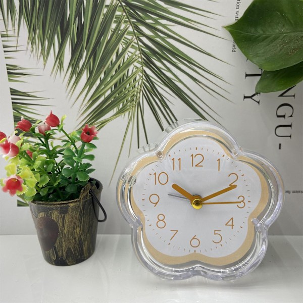Söt Väckarklocka Blomform Tyst Lågt Ljud Transparent Liten Väckarklocka för Vardagsrum Sovrum Sängbord Skrivbord Gul