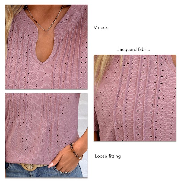 Dam V-ringad Topp Korta Puffärmar Lös Passform Jacquard Casual T-shirt för Sommarbruk Roströd L