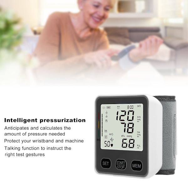 Armbandsblodtrycksmätare Digital Display Hjärtfrekvens Puls Blodtrycksdetektor Vit