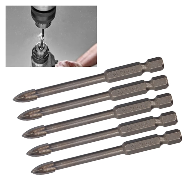 5Pcs Cross Drill Bit 1/4in Hex Shank Tile Glass Ceramic Concrete Hole Opener Hard Alloy Tool7mm