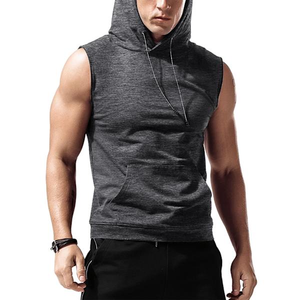 Herrar Huvad Tank Top Med Dragkedja Framficka Ren Färg Sport Ärmlös Löpning Tröjor Mörkgrå XL