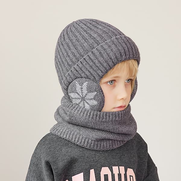 Vinterfleecehalsduksset för barn, Vintervindsäker och varm stickad mössa och halsduk för barn, Öronskyddande mössa dark grey