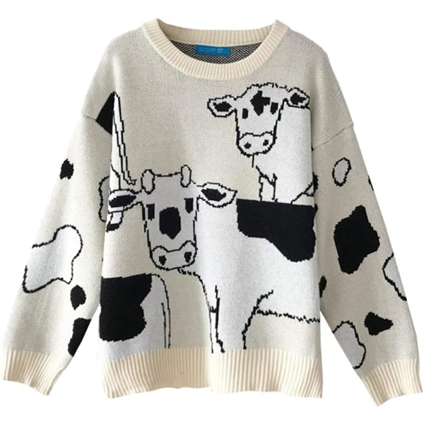 Vintage Casual Lös Lazy Cow Print Tjock tröja Kvinna Harajuku Damtröjor Japansk Kawaii Söt Pullover