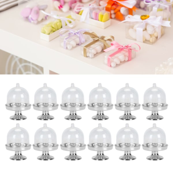 12 st Mini Tårtfat med Lock Plast Mini Tårtställ med Kupollock Klar Liten Tårtutställningsställ Transparent Godisask för Bröllopsfest Silver