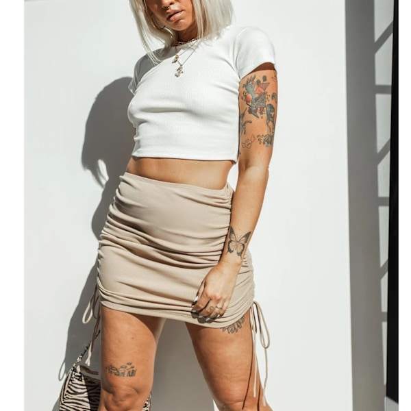 Kvinnors Ribbade Sida Snörning Rynkad Stretchig Bodycon Enfärgad Pennskirt Khaki L