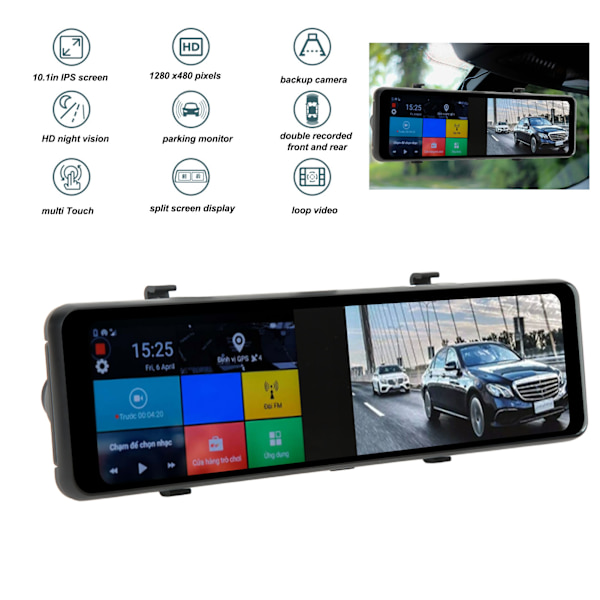 10,1 tum Spegel Dash Cam HD 4K IPS Full Touch Screen 170° Vidvinkel Dubbla Linser med Carplay Funktion för Bil