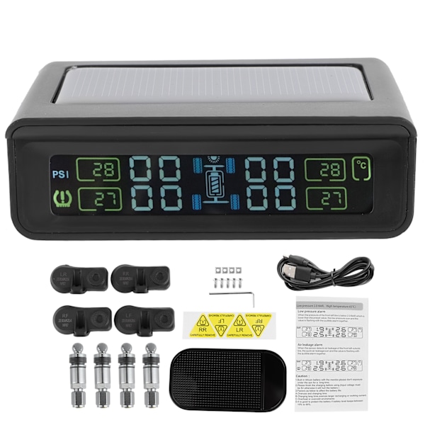 Langaton TPMS-rengaspaineen seuranta- ja testauslaite 4 anturilla, LCD-näyttö ja aurinkolataus