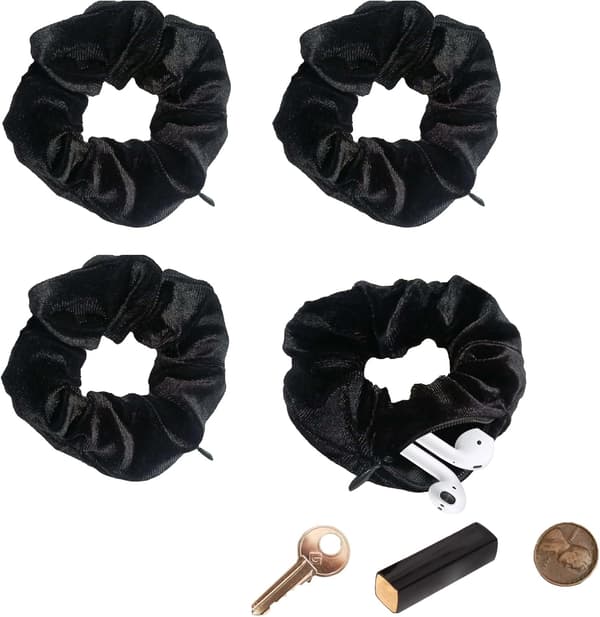 4-pack hästsvans-hårband med dolda förvaringsfickor, svart