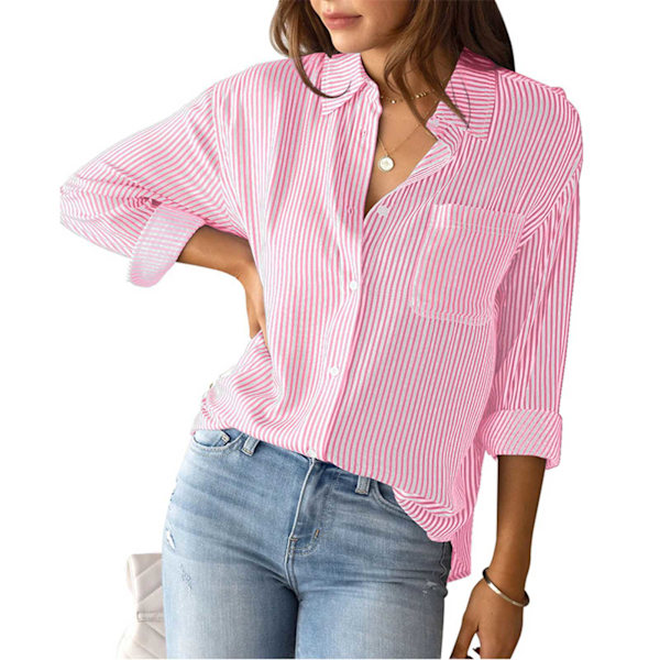 Randig Skjorta för Kvinnor med Knappar, Långärmad, Krage, Casual Cardigan Blus för Hösten, Rosa, Storlek M