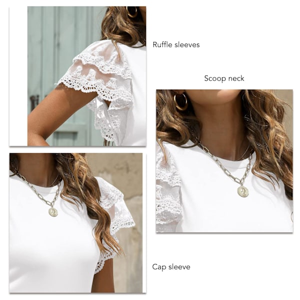 Fashionabla spetstoppar med korta ärmar Dam Sommar Enfärgad Casual Rundhals Volangärm T-shirt Vit M