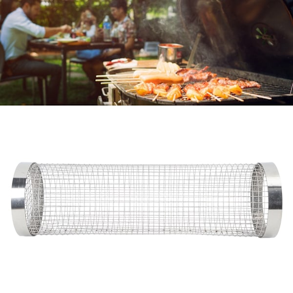 Grillkurv i sylinderform, netting av rustfritt stål 304, rullende BBQ-grillverktøy L (11,7 x 3,6 tommer)