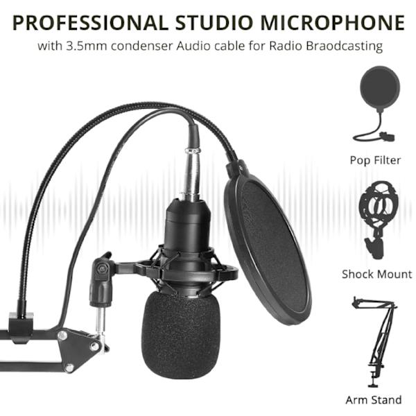 BM800 Kondensatormikrofon Studioinspelningskit med Justerbart Stativ för V8 Ljudkort