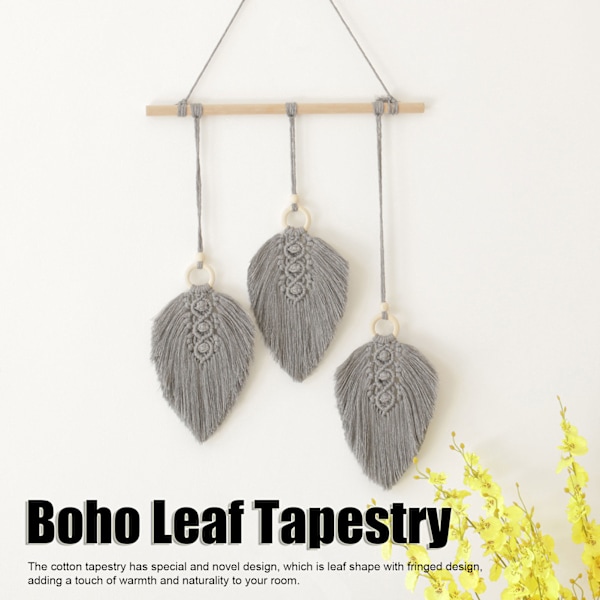 Handvävd Löv Väggbonad Boho Stil Bomull Löv Väggbonad Väggdekoration för Sovrum Sovsal Grå