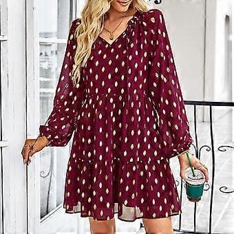 Klänning V-ringning Långärmad Dragsko Tryck Flödande Trendig Vardagsklänning för Kvinnor