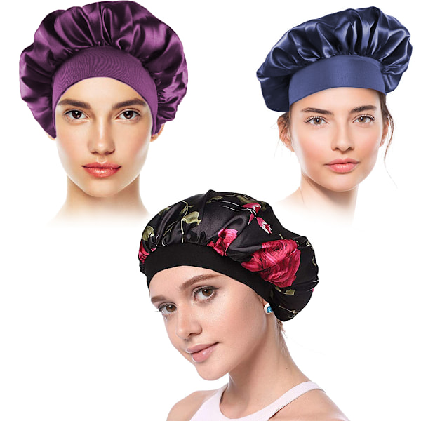 Satin sovmössa - enfärgad och stor blomma frisyr skyddande mössa - mjuk andningsbar band elastisk - 3-pack