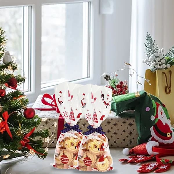 100 stycken julcellofanpåsar godispåsar presentpåsar med 100 stycken påsklämmor för julpartyförpackningar