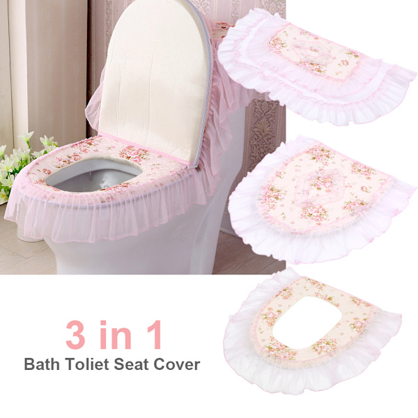 3-in-1 kylpyammeen ja wc-istuimen kansi, pestävä, vetoketjullinen, pitsi - vaaleanpunainen