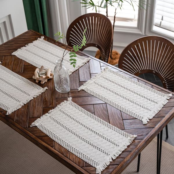 Boho bordløber i bomulds-polyesterblanding, macramé-stil med kvaster, maskinvaskbar, smudsafvisende, til køkken spisebord, rektangulær