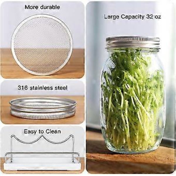 Spirekit, spiredksel med 316-rustfrit stlsigte, til bredhalsede quart-konserveringsglas, spirekit