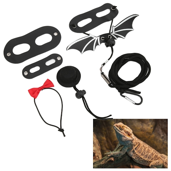 Reptilsele och Koppel Justerbar Ödla Draglina Hatt Fluga Set för Små Husdjur (Svart och Röd Hatt Set Koppel S)