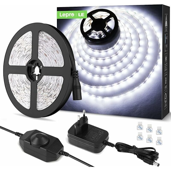 Vita LED-stripljus för Inomhusbelysning, 12V Dimbar Superljus 6000K 300 LEDs 2835 Självhäftande Strip med Transformator, Lätt Att Installera Och