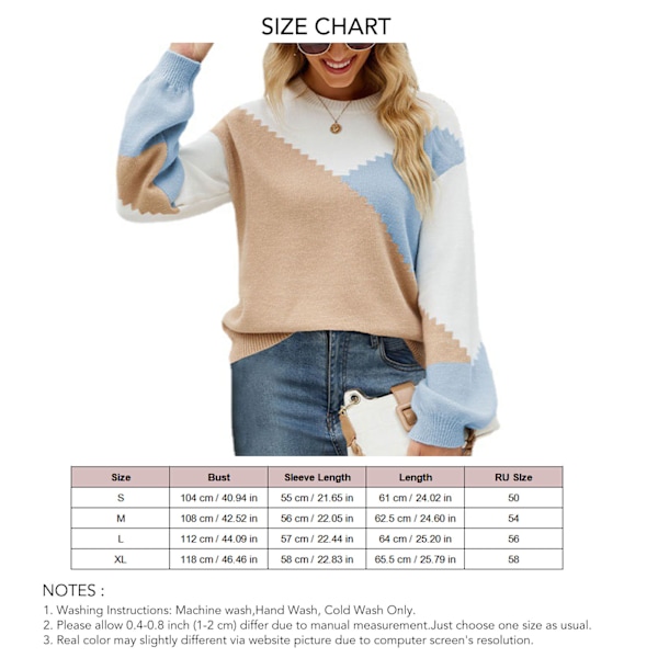Kontrast Rundhalsad Tröja Crewneck Lös Casual Stickad Pullover Dam Höst Långärmad Tröja Toppar för Kvinnor Khaki S