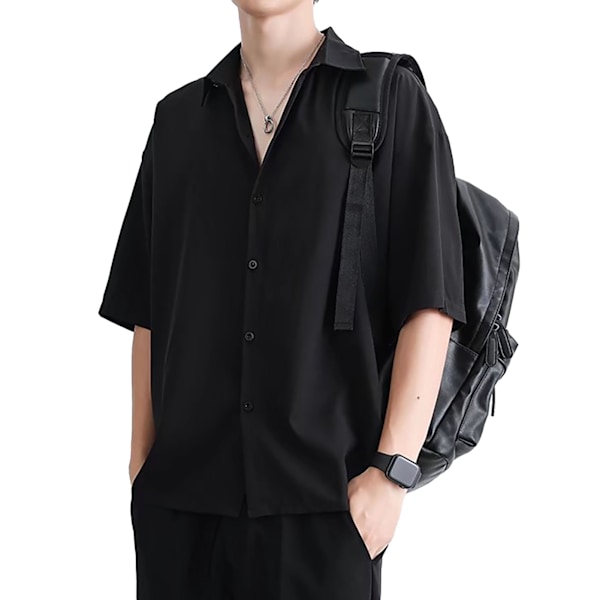 Men Half Sleeve Shirts Turn Down Collar Button Closure Pure Color Casual Loose Blouse Black XL