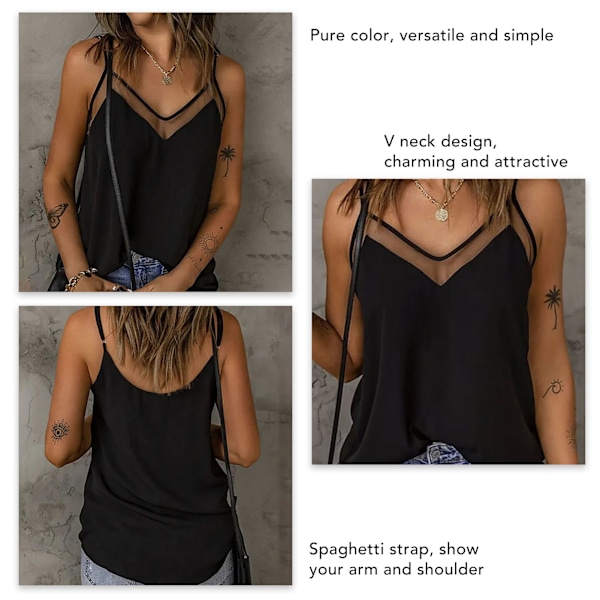 Dame Camisole Top V-hals Ærmeløs Top Mesh Splicing Sommer Casual Spaghetti Strop Ren Farve Bluse Sort M