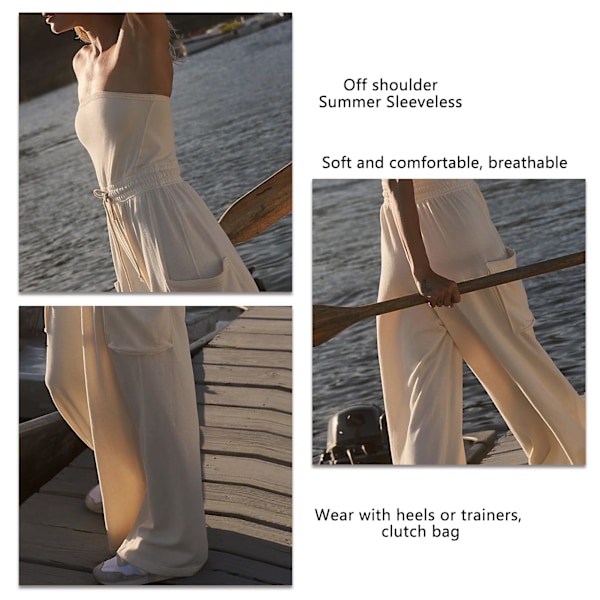 Dam Off Shoulder Jumpsuit Enfärgad Ficka Casual Åtsittande Dragsko Ärmlös Jumpsuit för Sommar Vit XL