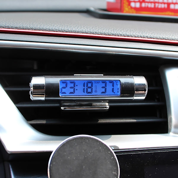 Bilklocka Termometer Tunnformad LCD-display Luftventilklämma LED Digital Bilklocka Termometer