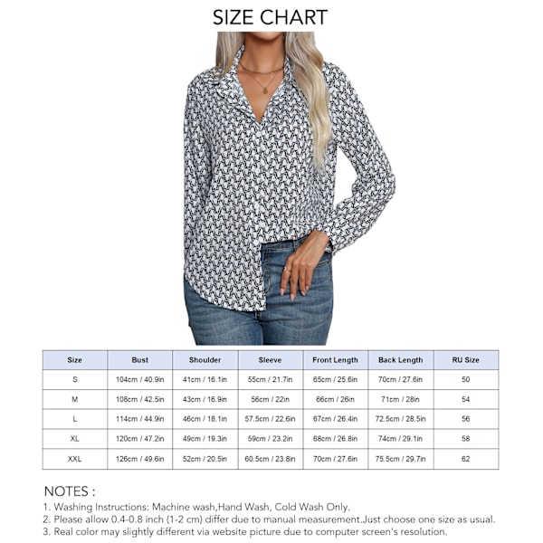 Fashion Geometriskt Mönstrad Blus Geometriskt Tryck Långärmad Topp Knäppning Nedfälld Krage Tryckt Blus för Kvinnor Vit XXL