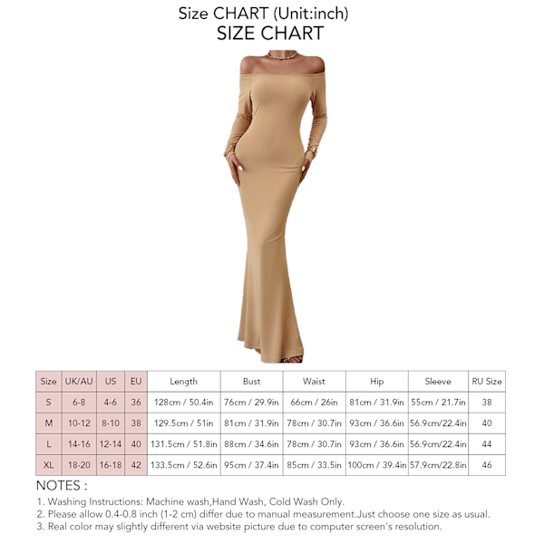 Dam Off Shoulder Bodycon Maxiklänning Långärmad Elegant Fishtail Fåll Slim Fit Midiklänning Khaki M