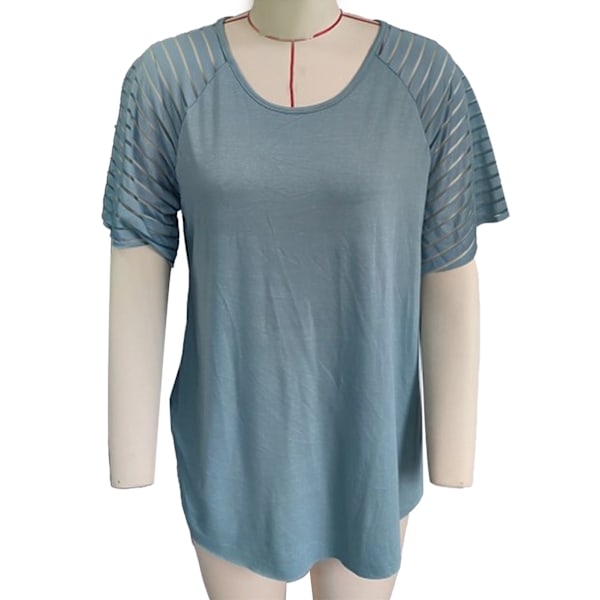 Stripete Mesh Topp med Korte Ermer for Kvinner Løstsittende Casual Elegant Rundhals Skjorte Bluse for Kontor Arbeid Fest Lys Grønn XXL
