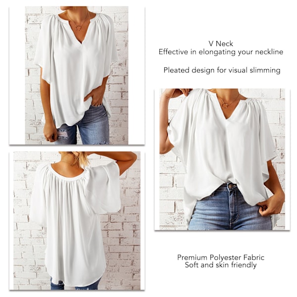 Blouse med korte ermer, V-hals, løs passform, ren farge, myk og pustende, avslappet topp for kvinner til hverdag, jobb, reiser, hvit, M
