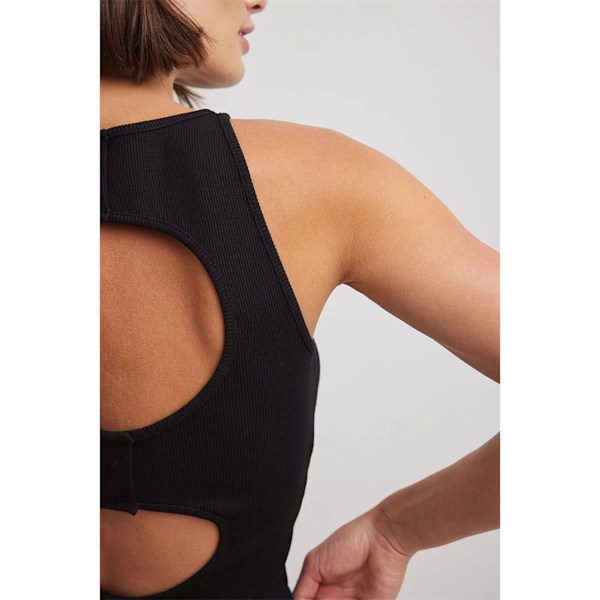 Tanktop för damer, urholkad rygg, rund hals, smal passform, enfärgad, ventilerande, ärmlös topp för damer, för vardag och fest, svart M