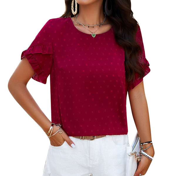 Kortärmad Jacquard Blus Enfärgad Casual Figursydd Volangdetalj Rund Hals Jacquard Blus för Kvinnor Vinröd XL
